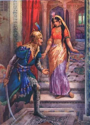 Catching sight of Rama she rushed forward. From the Adventures of Rama and Sita, illustration from 