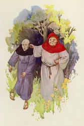 Friar Tuck led by the ear a lean-looking, miserable monk