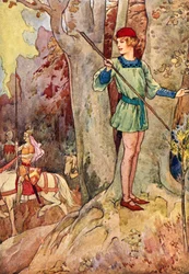 Perceval catching sight of three knights of the Round Table