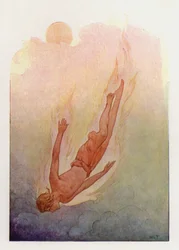 Phaeton with his hair in flames, falling into a deep cool river