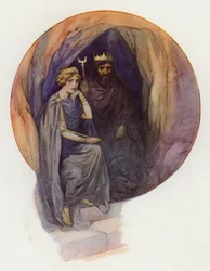 Proserpine sitting dressed in long black robes, on a great black throne with the fierce black King beside her