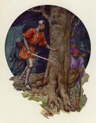 The outlaws at last! cried the Sheriff, and with drawn sword he ran to where the figures had disappeared