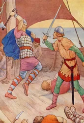 The pirate chief leaped out at Robin