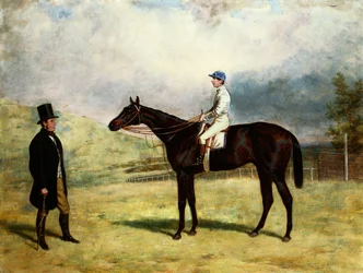 A Gentleman by His Racehorse with Jockey Up on a Racecourse