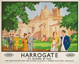 Harrogate, its Quicker by Train, poster advertising rail journeys
