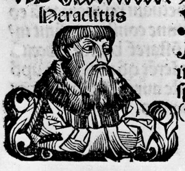 Portrait of the Greek philosopher Heraclitus of Ephesus (576-480 BC). Xylography from Chronicles of Nuremberg by Hartmann Schedel