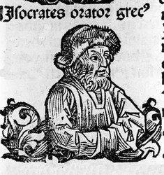Portrait of the attic speaker Isocrates (436-338 BC). Xylography from Chronicles of Nuremberg by Hartmann Schedel