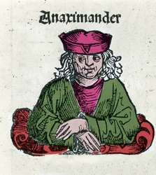 Representation of Anaximander of Miletus (610 - 547 BC), Greek philosopher, mathematician and astronomer. Xylography of Chronicles of Nuremberg by Hartmann Schedel