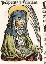 Representation of Saint Perpetuus, martyrdom in Carthage. Xylography of Hartmann Schedel “Chronicles of Nuremberg” 1493.