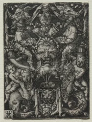 Ornament Design with a Mask, A Couple of Tritons, and Two Children Below