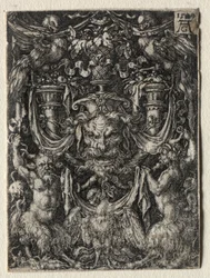 Ornament Design with a Mask and an Eagle Between Two Fauns Below, 1509