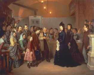 The Empress Elisabeth of Austria visits a soup kitchen in the Schoenlaterngasse