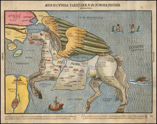 Ca. 1581 Pictorial Map by Heinrich Bünting, Depicting Asia as Pegasus