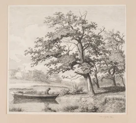 Landscape with Oak Trees by a Lake, where an Old Man is Seen in a Boat