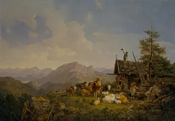 Landscape in the Oberbayen with Herdsmen and Their Cattle Resting by a Hut