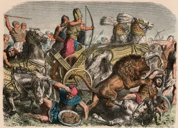 Ancient Egypt: Pharaoh Ramses II fighting against the war lions of the Hittite army in Qadesh, 1274 BC, 1866