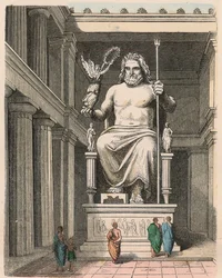 Ancient Greece: Zeus statue in the temple at Olympia - Sculpture by Phidias, c. 440/30 BC one of the Seven Wonders of the World