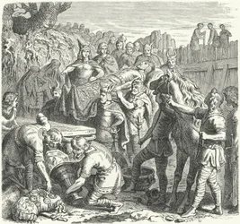 The burial of Alaric I, King of the Visigoths, in the bed of the River Busento, 410