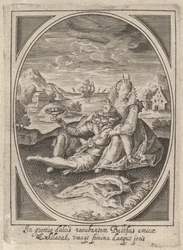 A couple seated on the ground, the man holding a goblet and reclining