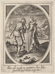 A Man Steps Toward a Woman Who Holds a Goblet to Her Mouth, a Watermill and Mountains in the Background