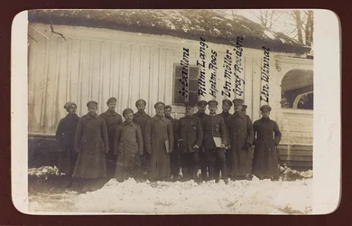 First World War: Ukraine in the years 1914-1916 during the invasion of the German army. Group of soldiers (b/w photo)