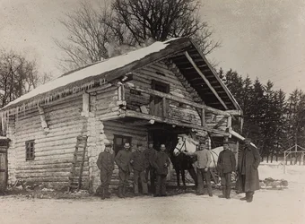 First World War: Ukraine in the years 1914-1916 during the invasion of the German army. Military front of a house
