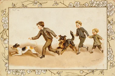 Greetings card depicting children playing with their dogs