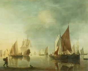 Shipping at anchor offshore in a calm sea; evening light