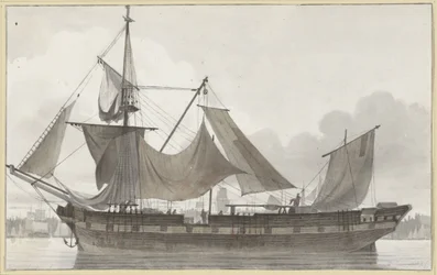 Three-Master Under Emergency Rigging, Entering a Harbor with Light Wind