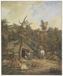 Shepherd, Shepherdess, and Cattle Resting in Front of a Dilapidated Stable