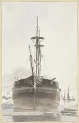 Sailing Ship Seen from the Front in a Timber Port