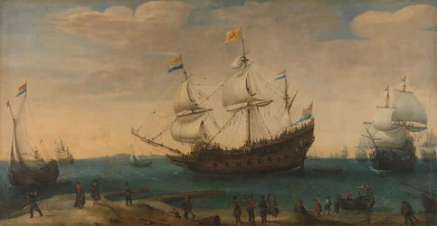 A number of East Indiamen off the Coast (The Mauritius and other East Indiamen Sailing out of the Marsdiep)