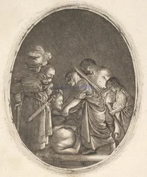 Salome Receiving the Head of John the Baptist, Surrounded by Three Men and a Child... (detail)