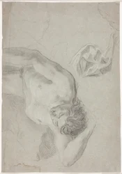 Male Model Study, Lying on His Back, Knee Piece and Drapery Study