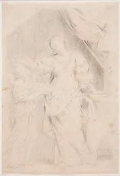Standing Woman with Left Hand on a Book. To the Left, a Youth Brings Her a Dish of Fruits, Which She Rejects