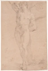 Standing young man with right arm raised