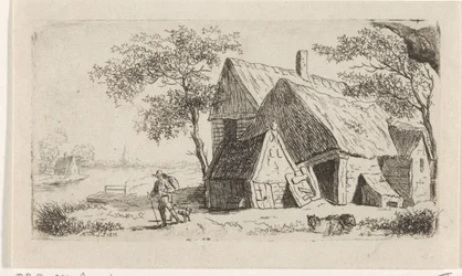 Man with Dog by a Farmhouse by the Water