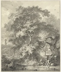 Forest Scene with Resting Shepherds by a Waterfall