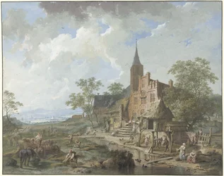 Harvest Near a Village in a Hilly Landscape