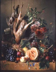 Partridges, Grapes, Plums, Peaches, a Melon and Chrysanthemums on a Ledge