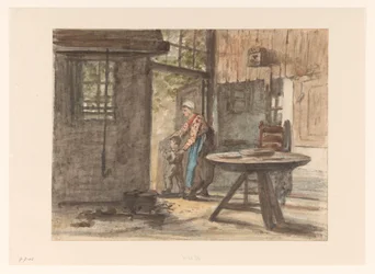 Woman Sewing and Child
