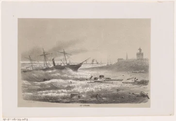 Ship in Trouble Near the Shore During the Storm of May 28, 1860 (series: Album of Ten Lithographed Sketches, Depicting Scenes of the Destruction Caused by the Storm of May 28, 1860 in The Hague Forest)