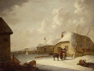 Figures Outside a Cottage in the Snow