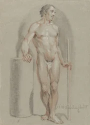 Standing Male Nude, with a Stick in Hand, Leaning on a Studio Cylinder