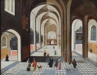 A Church Interior with Figures Including a Man in Red Talking to a Cleric