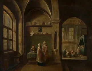 A Renaissance Interior with figures: The Birth of St John