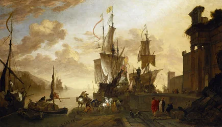 Navigation in Livorno (Italy), two ships moored at the dock, idealized description of the main port of Tuscany, the maritime crossroads between the East and the Muslim world, represented by the camel and non-European figures, and Europe, symbolized by the