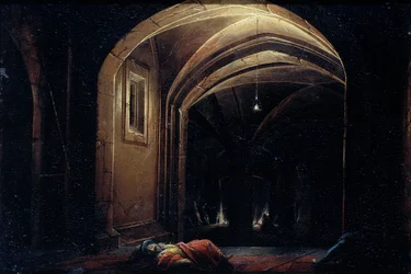 Men Sleeping in a Room with Lighted Arches