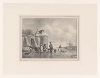 Frozen Pond with Figures by Rowboat and Skater