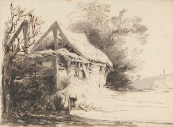 An Old Barn, Trees and Cow
